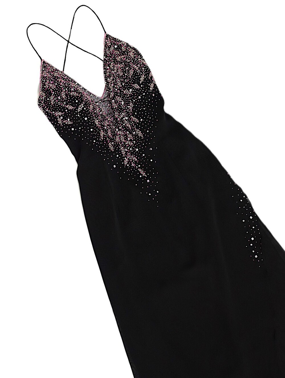 Vintage Black Pink Beaded Lace Up Back Gown Floor Length Formal Sz 10 Y2K Fairy
